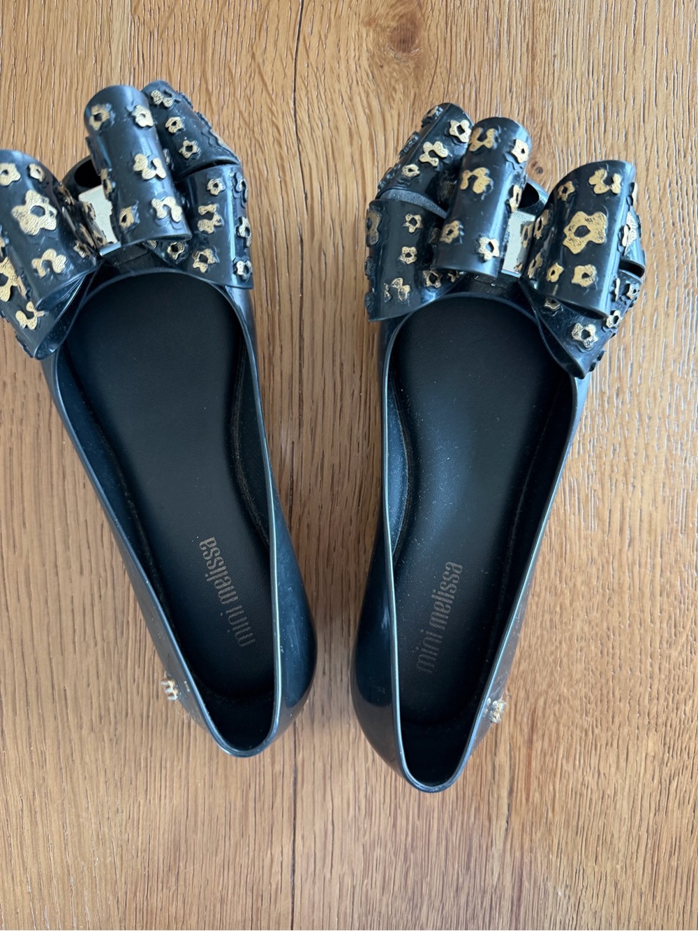 Mini Melissa Black Flats with Gold Accent Bows